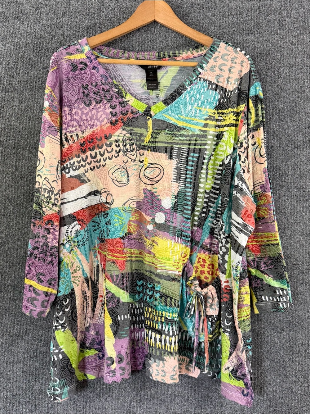 Ali Miles Womens 3X Abstract Artsy Top Tunic V-Neck 3/4 Sleeve Side Tie Pocket